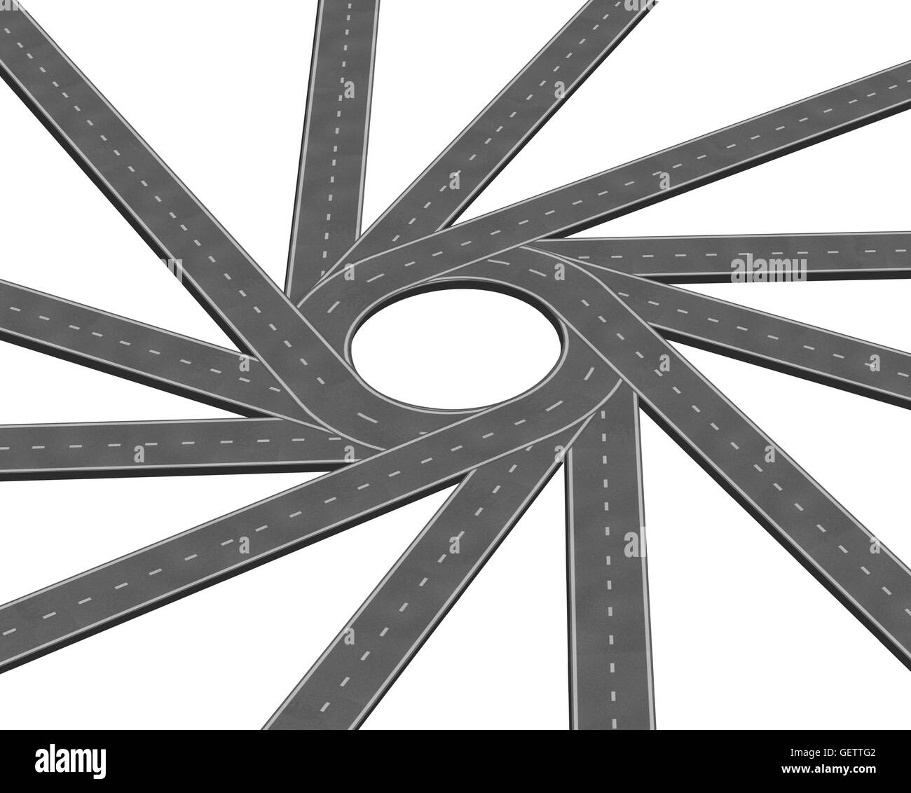 Convergenza di autostrada o di strada metafora aziendale che rappresenta il concetto di una concentrazione di percorsi multipli per concentrarsi insieme come un concetto di unità in un 3D illustrazione stile isolato su uno sfondo bianco. Foto Stock