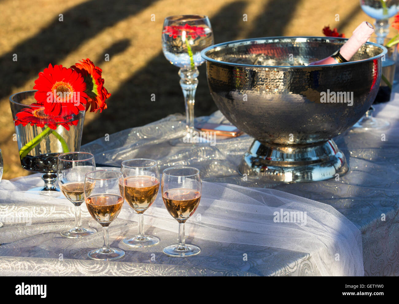 Bicchieri di vino con un vino fresco posati fuori su una tabella con una ciotola d'argento e champagne su ghiaccio Foto Stock