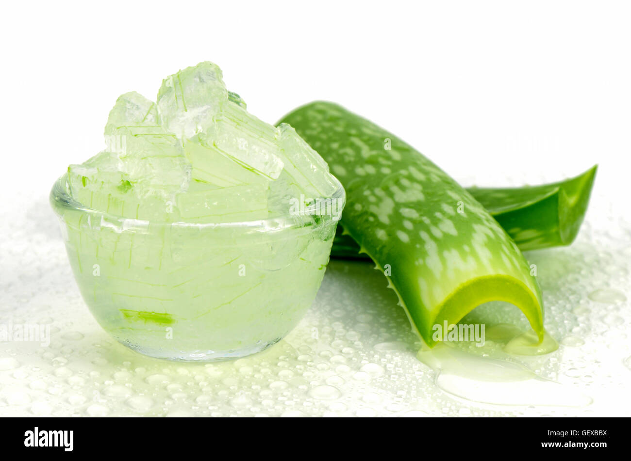 Aloe vera gel con Aloe Vera foglie su sfondo bianco. Aloe vera gel utilizzare quasi in cibo, medicina e industria di bellezza. Foto Stock