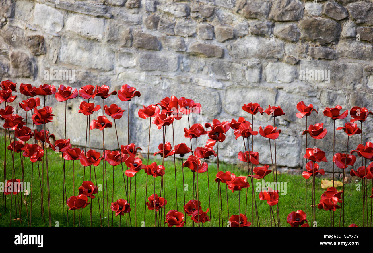 Papaveri da sangue spazzata di terre e mari di Rosso arte di installazione presso la Torre di Londra la marcatura i cento anni della prima guerra mondiale. Foto Stock