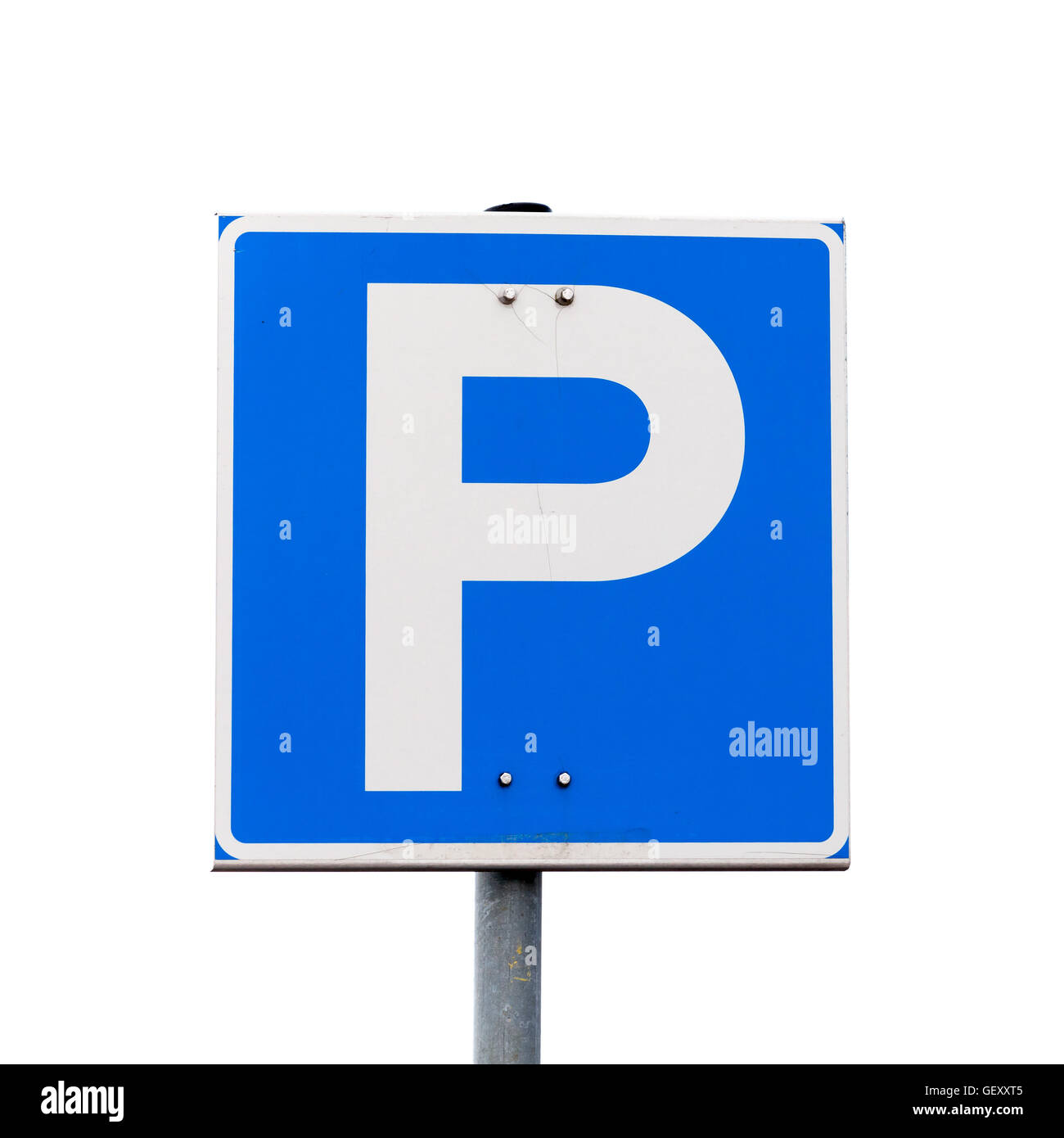 Blue square parcheggio cartello stradale isolato su sfondo bianco Foto Stock