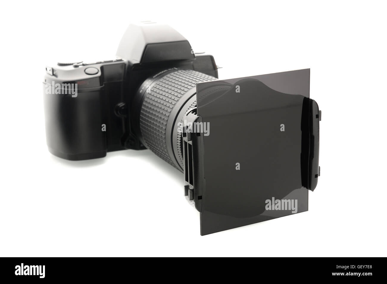 Closeup filtri ND attaccato sulla lente, attrezzatura fotografica Foto Stock