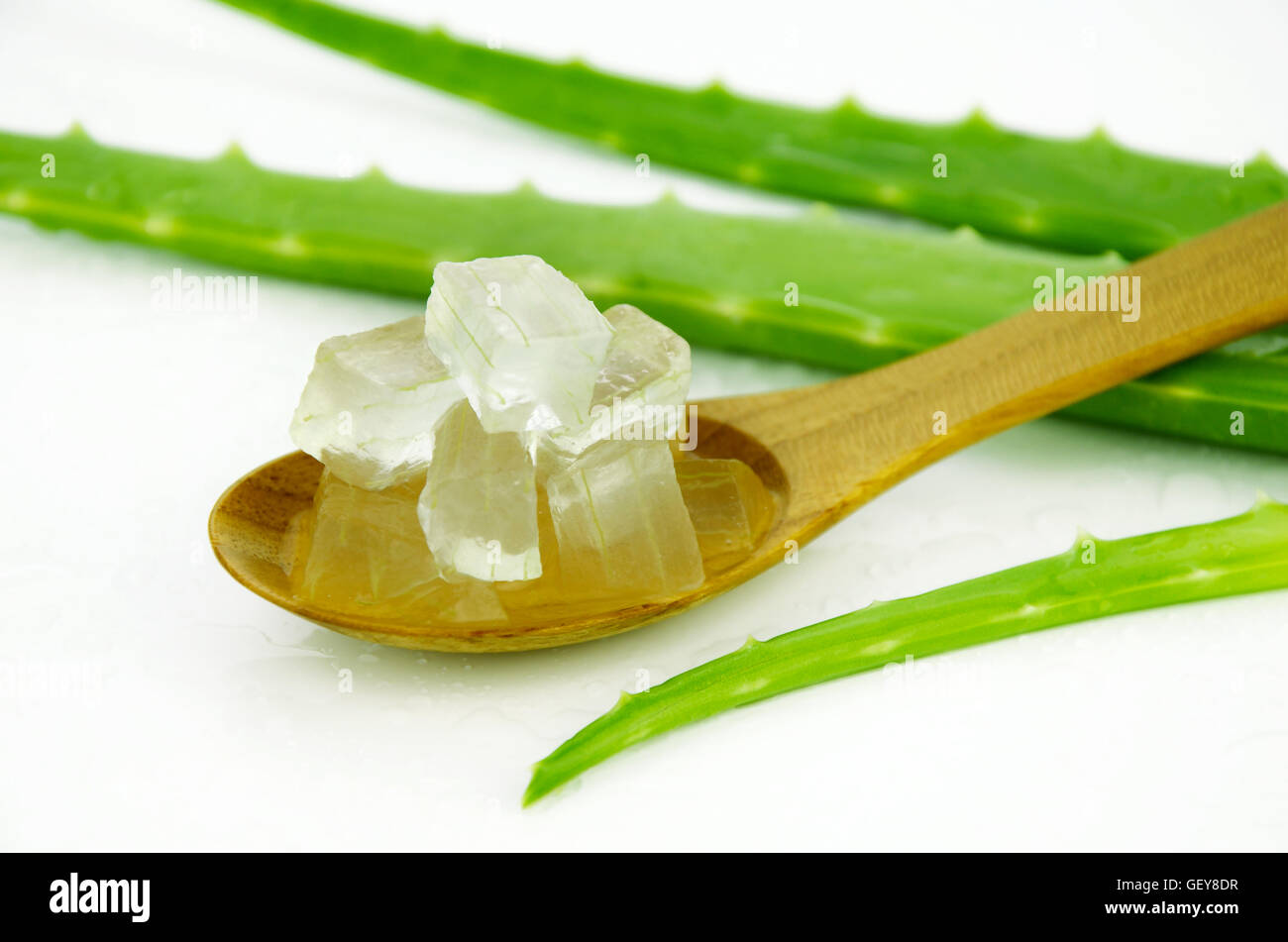 Aloe vera gel sul cucchiaio di legno. Aloe vera gel utilizzare quasi in cibo, medicina e industria di bellezza. Foto Stock
