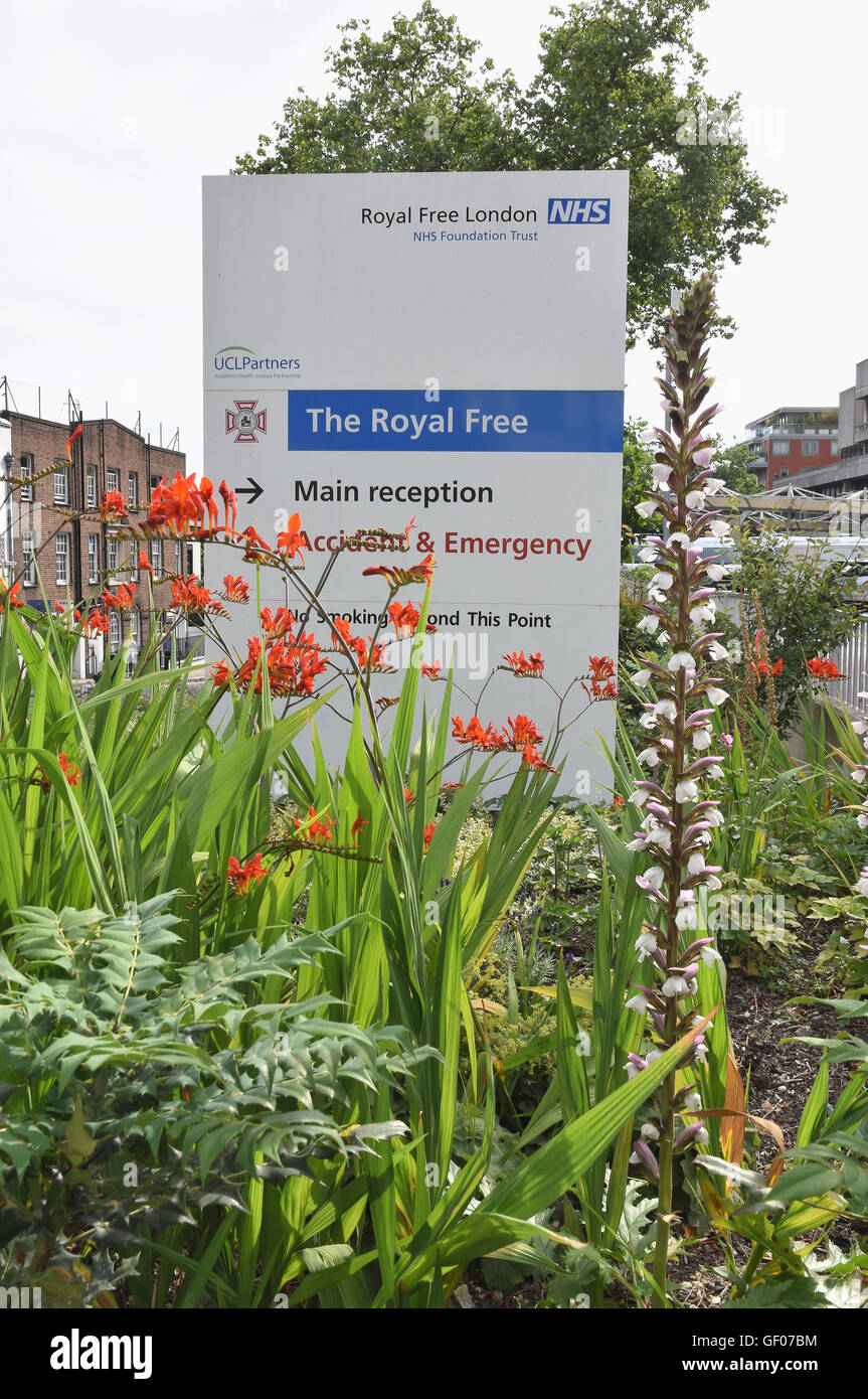 Il Royal Free Hospital, segno,Pond Street,London REGNO UNITO Foto Stock