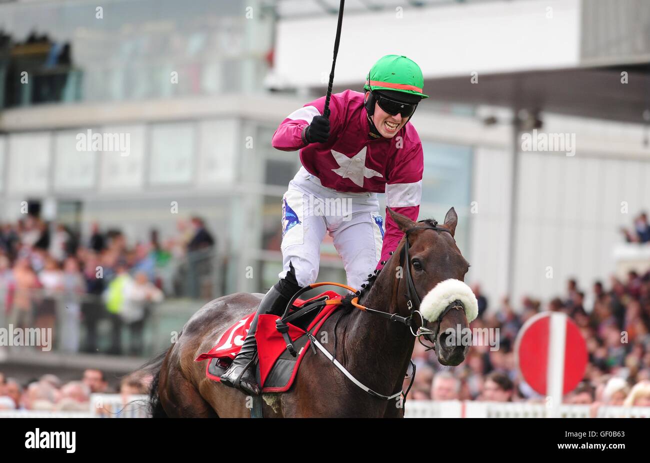 Donagh Meyler celebra il Signore canaglia dopo aver vinto il TheTote.com piastra di Galway (Handicap Chase) durante la terza giornata del Festival di Galway in Ballybrit, Irlanda. Foto Stock