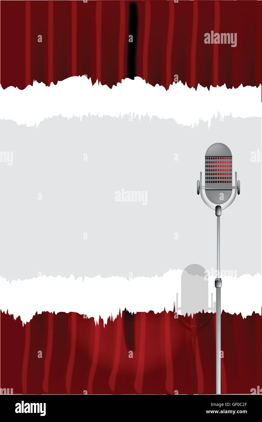 Un microfono pronto sul palco contro un sipario rosso con uno strappo spazio copia Illustrazione Vettoriale