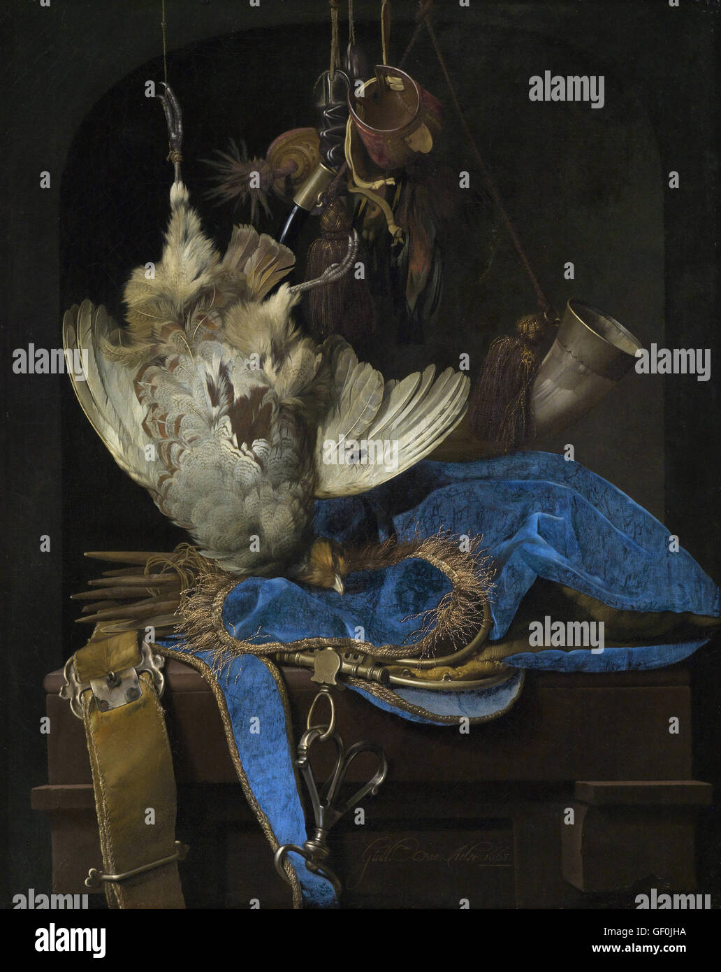 Still-Life con attrezzature di caccia e di uccelli morti - Willem van Aelst Foto Stock Still-Life con attrezzature di caccia e di uccelli morti - Willem van Aelst Foto Stock
