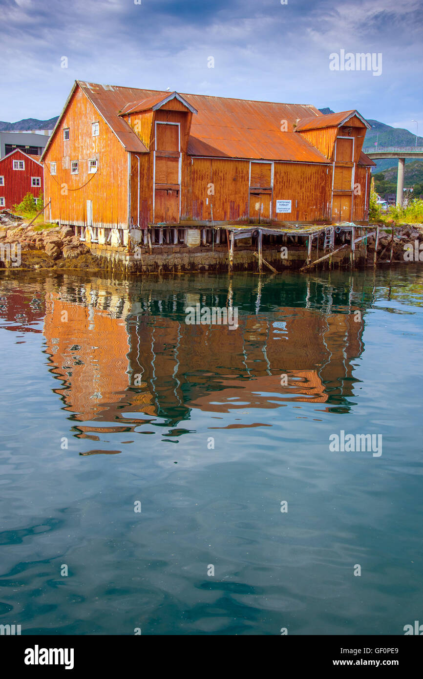 Rosso ruggine case di pesca dal mare, con riflessioni Henningsvaer, Lofoten, Norvegia Foto Stock