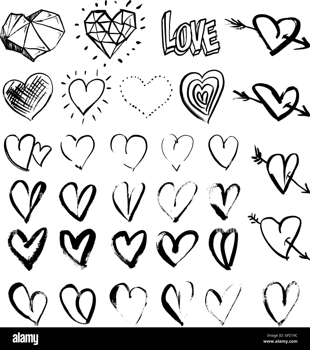 Disegnato a mano cuori grunge Illustrazione Vettoriale