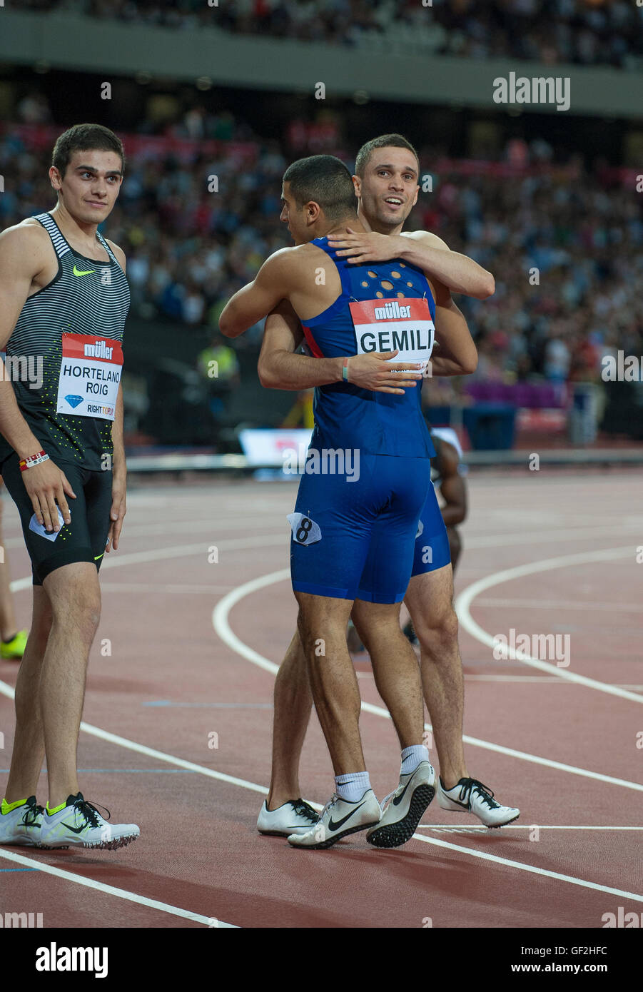 Londra, Inghilterra - 22 Luglio: Danny Talbot _ Adam Gemili competere nel mens 200m finale durante il Giorno Uno del Muller anniversario Foto Stock