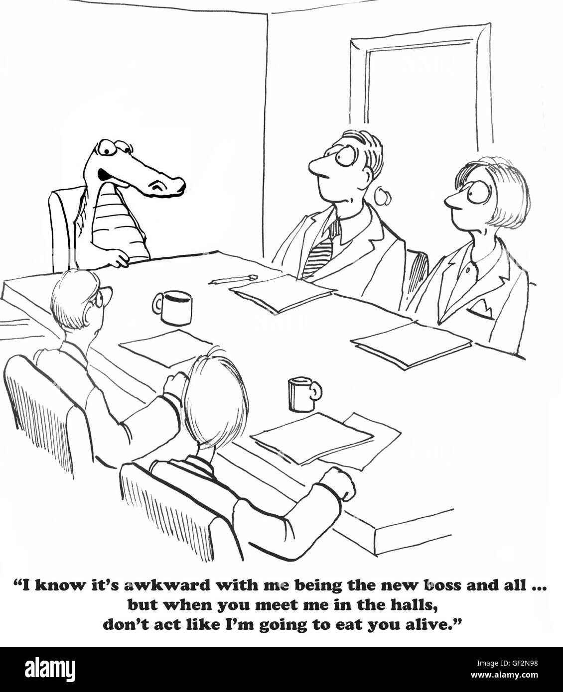 Business cartoon circa avente un pauroso, nuovo capo. Foto Stock