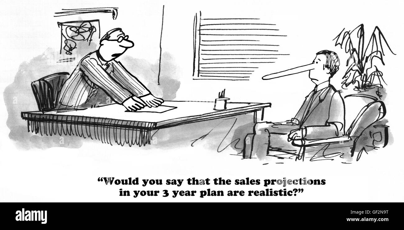 Business cartoon circa eccessivamente esagerato le proiezioni di vendita. Foto Stock