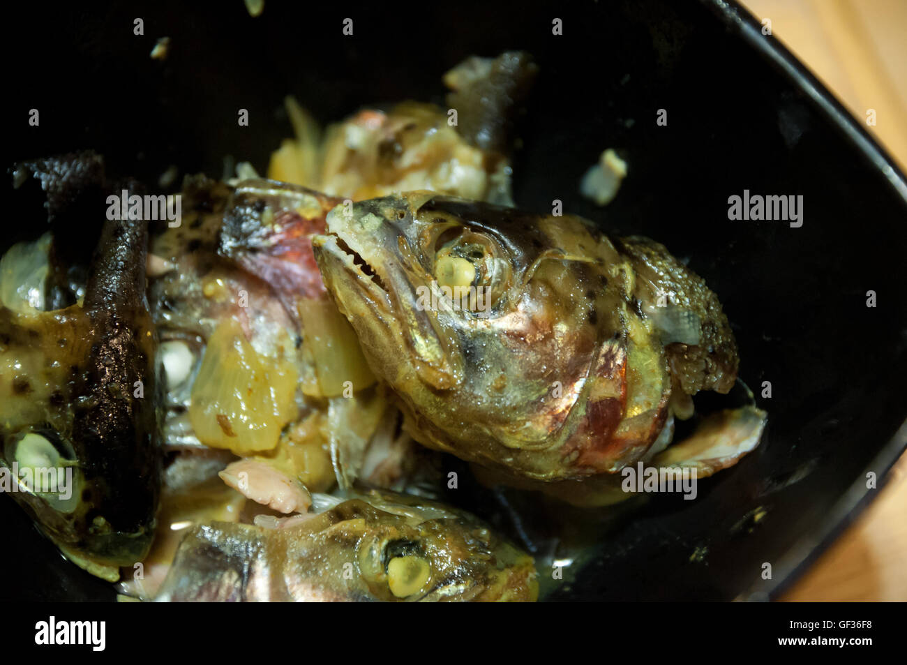 Ciotola di teste di pesce Foto Stock