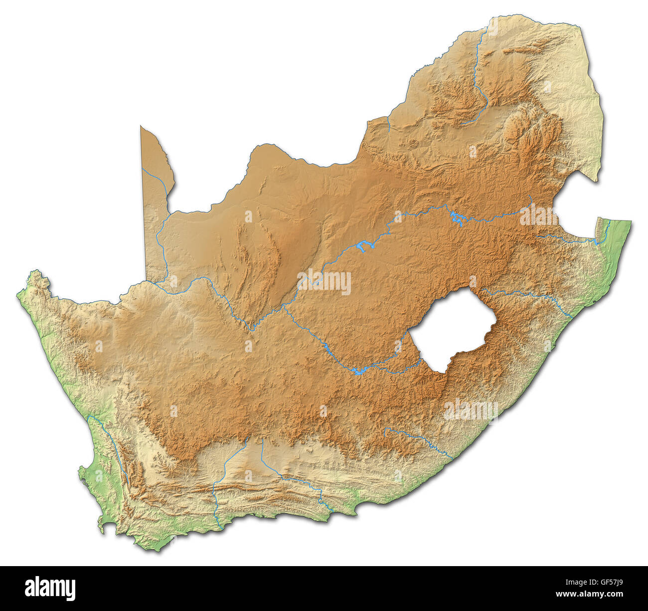 Carta in rilievo delle Alpi del Sud Africa con rilievo ombreggiato. Foto Stock