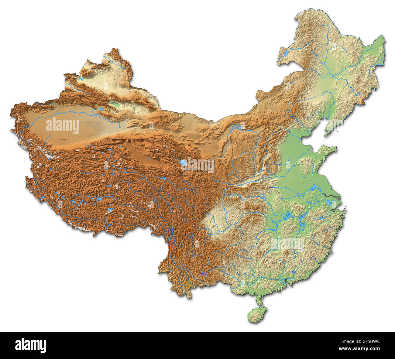 Mappa di rilievo della Cina con rilievo ombreggiato. Foto Stock