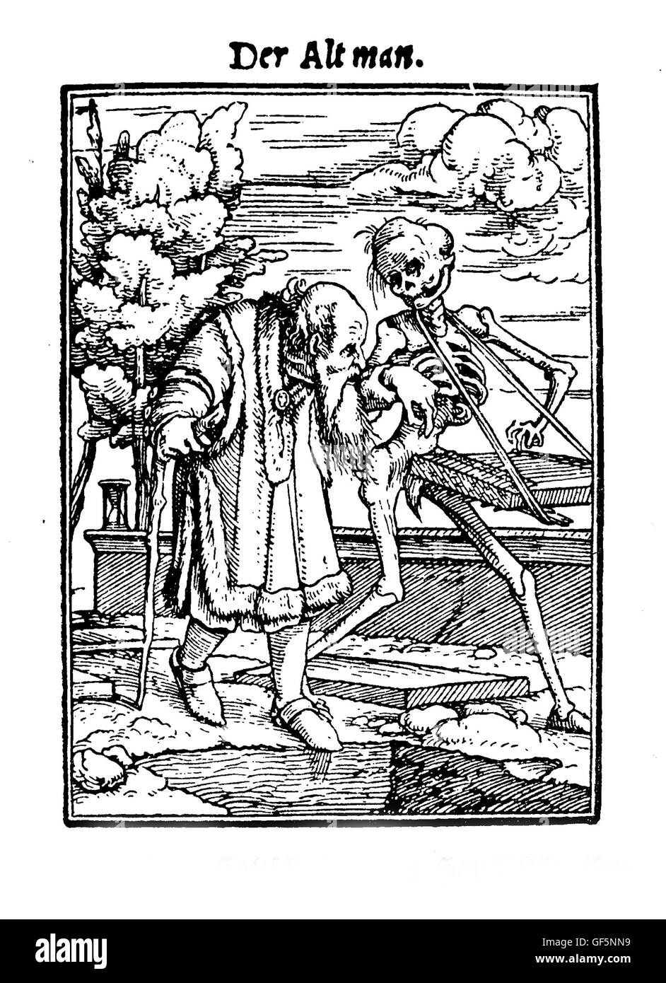 XV secolo, illustrazione di Hans Lützelburger ispirata a Hans Holbein il "Totentanz" ("La Danse Macabre", una collezione di 40 xilografie): un vecchio uomo a camminare mano nella mano con la morte, l'amico che si libera da lui il suo pene. Foto Stock