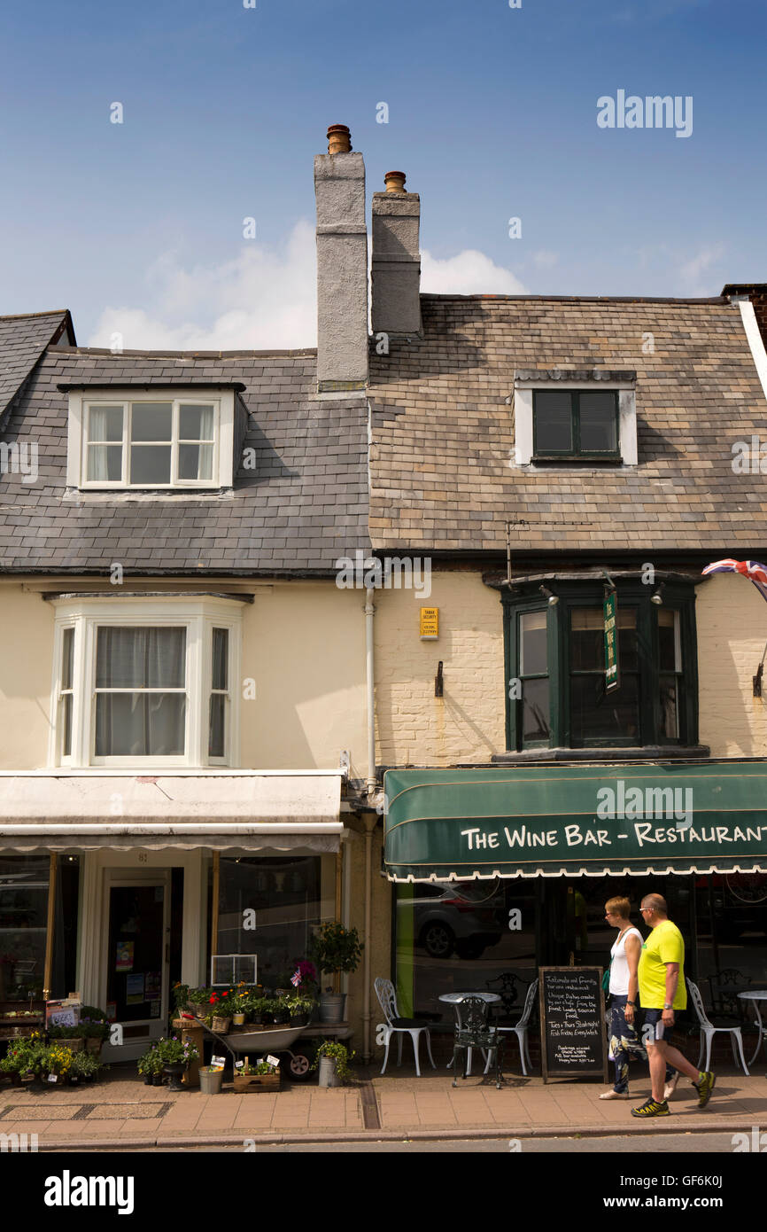 Regno Unito, Inghilterra, Devon, Honiton, High Street, variando le linee del tetto di piccoli negozi Foto Stock