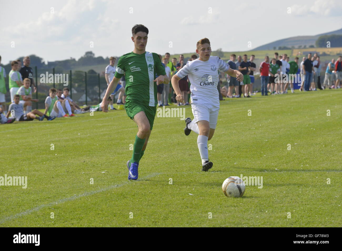 Foyle arpe v Everton America nel sotto 16 Foyle Cup gioco di calcio, Derry, Irlanda del Nord. Foto Stock