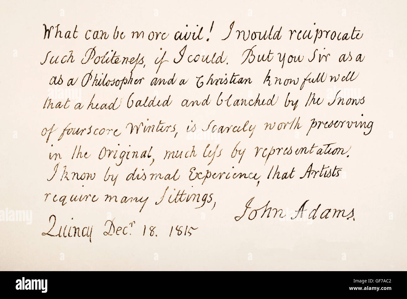 John Adams, 1735 - 1826. Secondo il Presidente degli Stati Uniti d'America. La scrittura a mano campione. Foto Stock