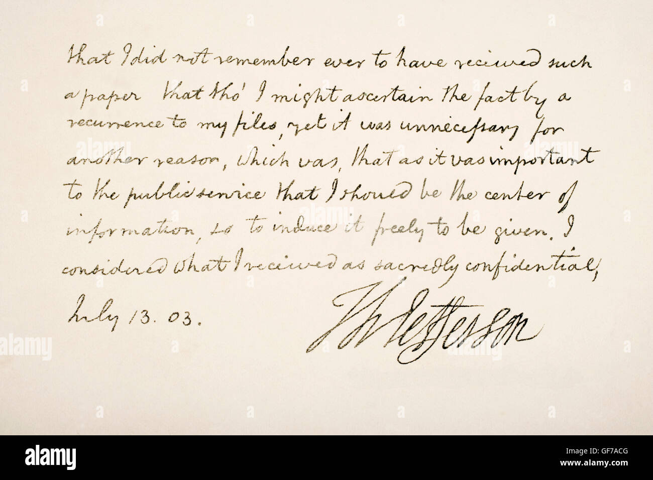 Thomas Jefferson, 1743 - 1826. Terzo Presidente degli Stati Uniti d'America. La scrittura a mano campione. Foto Stock