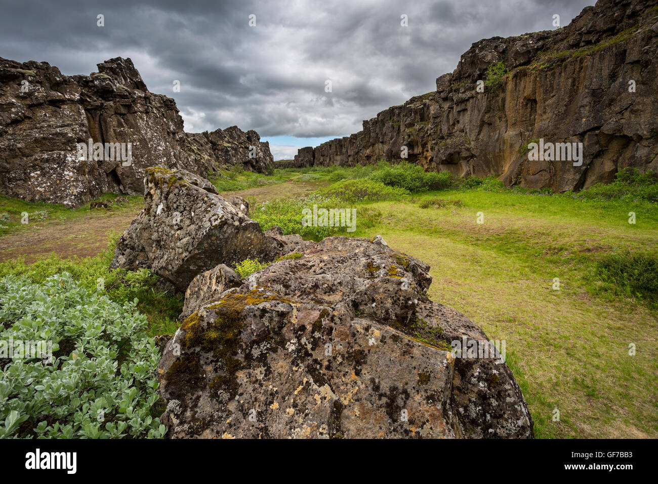 Thingvellir National Park, Islanda, guasto nel paesaggio causato dalla deriva continentale tra Nord America e Eurasian tecto Foto Stock