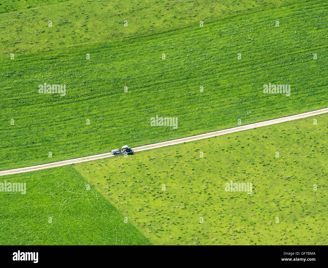 Azienda agricola il trattore su strada rurale circondata da prati e campi, vista aerea, Algovia, Allgaeu, Baviera, Germania Foto Stock