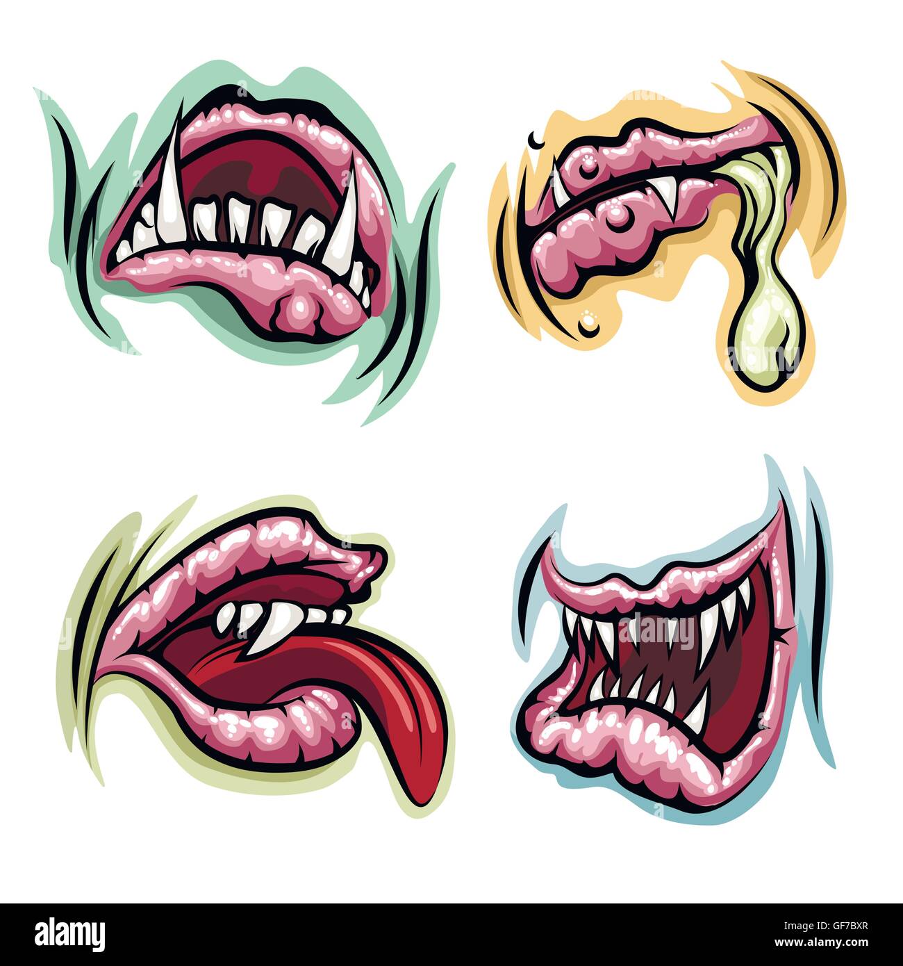 Bocche di mostro vector set. Monster labbra, della lingua e di bocche aperte con i denti. Illustrazione Vettoriale