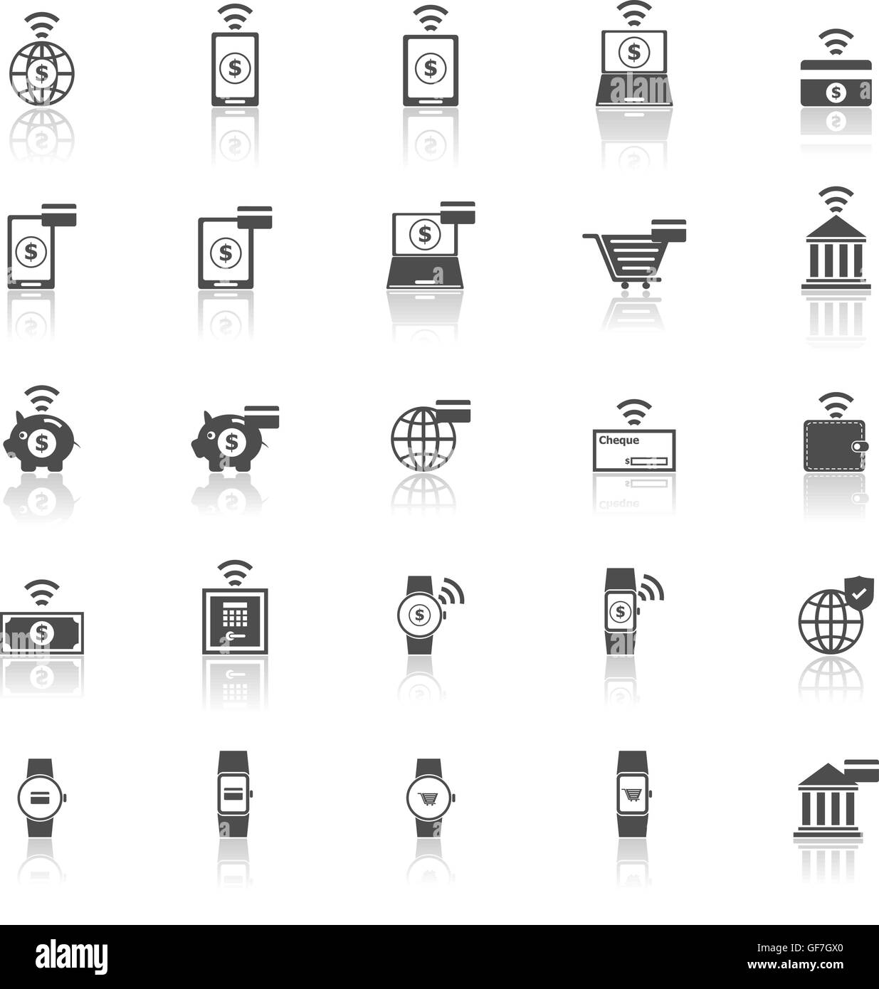 Icone di Fintech con riflettere su sfondo bianco, vettore di stock Illustrazione Vettoriale