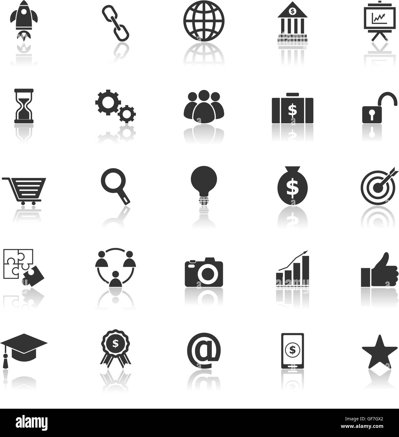 Avvia le icone con il riflettere su sfondo bianco, vettore di stock Illustrazione Vettoriale