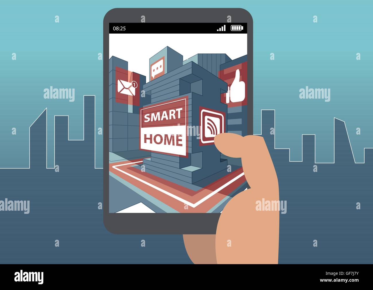 Smart home e la realtà aumentata concetto con mano lo smartphone di contenimento Illustrazione Vettoriale
