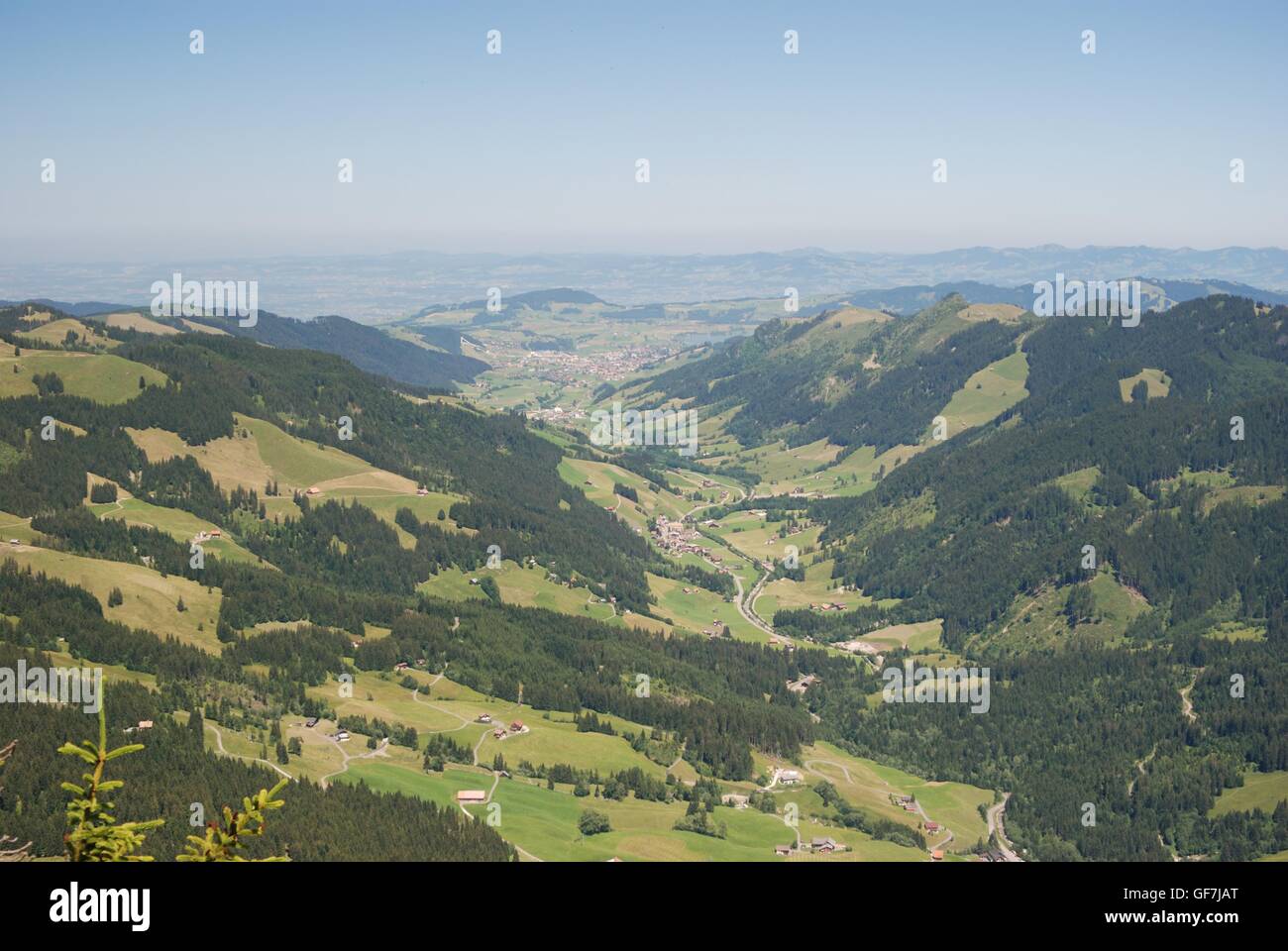 Foresta, prati, villaggi, erba, verde, blu, strade, idilliaco Foto Stock