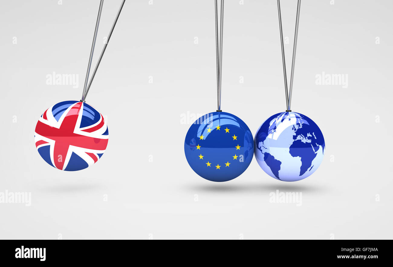Effetto Brexit e global business conseguenze concetto con Union Jack, bandiera UE sulle palle e mappa Mondo mondo 3D'illustrazione. Foto Stock