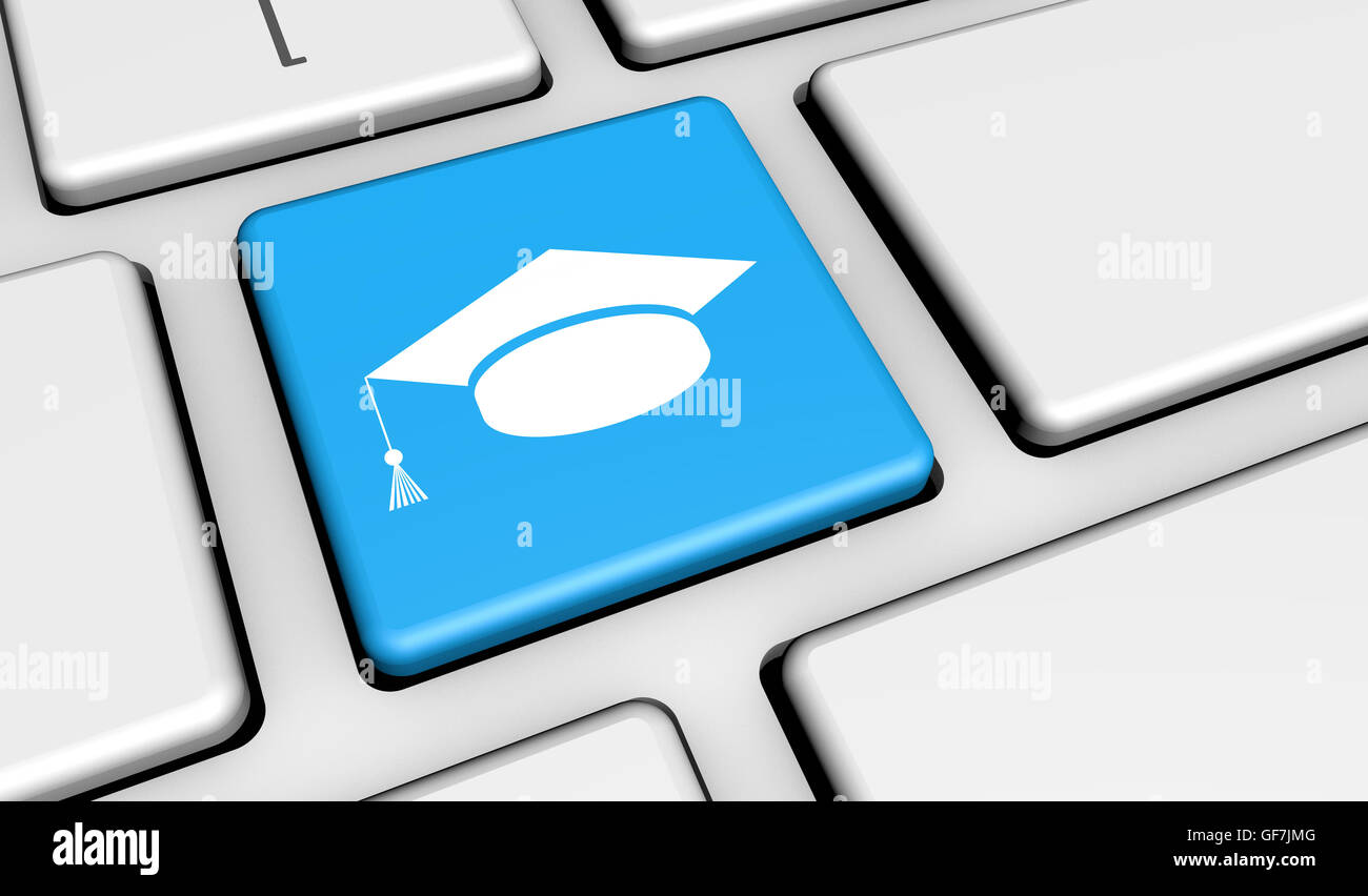 L'E-learning e online il concetto di istruzione con graduazione hat icona e simbolo su un computer blu chiave. Foto Stock