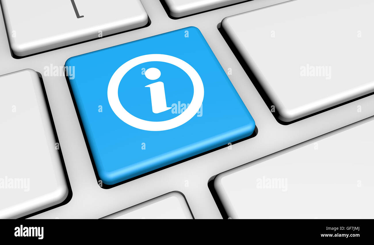 Informazioni, collegamenti web e concetto di contatto con le informazioni simbolo e segno su un portatile la chiave per il sito web e business online. Foto Stock