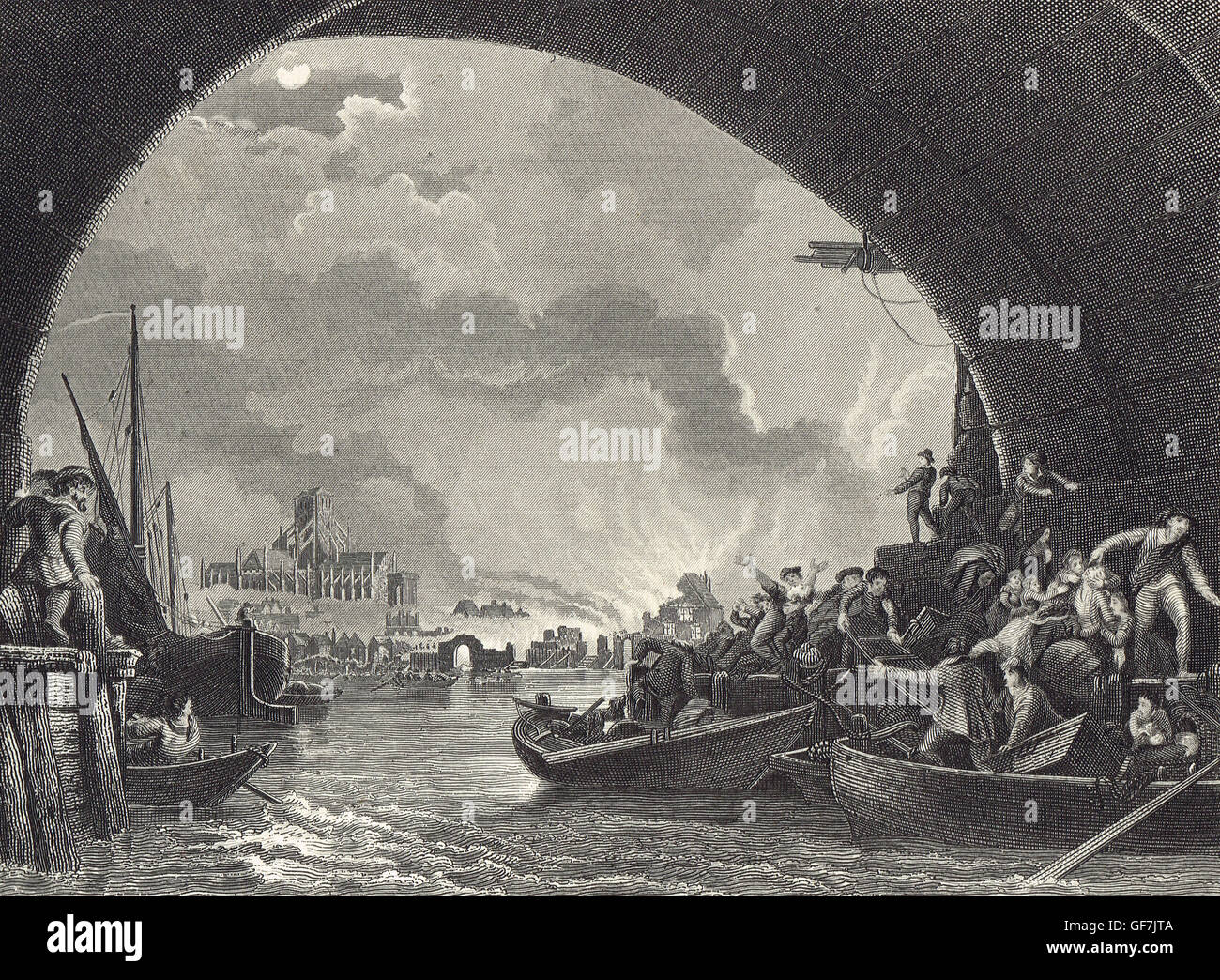 Il Grande Incendio di Londra 1666, londinesi escape in barche Foto Stock