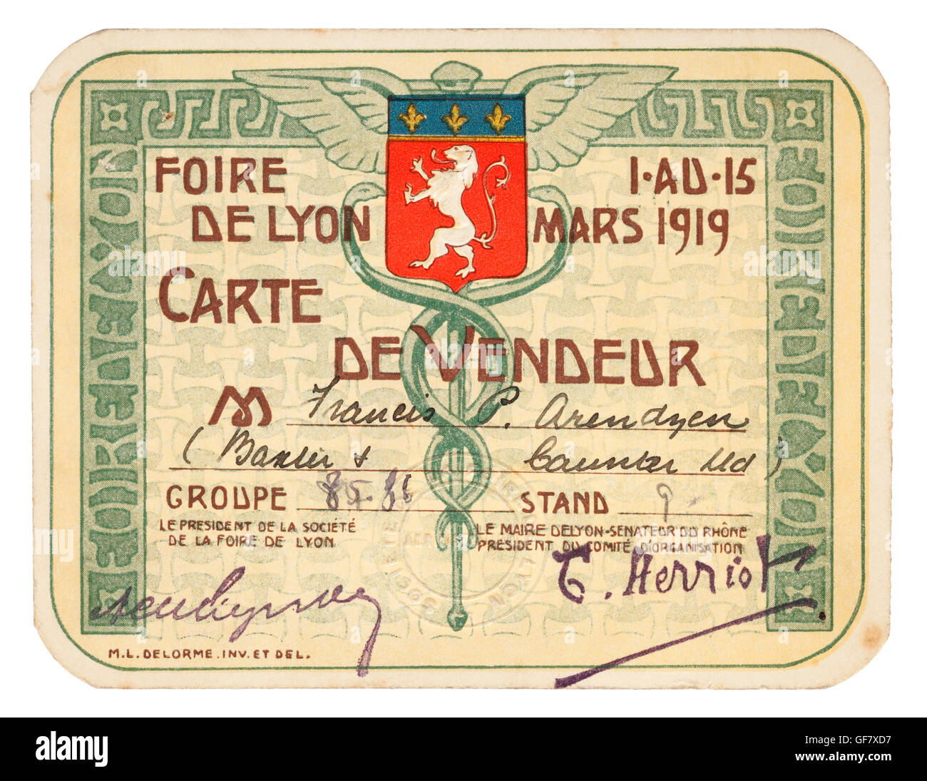 Carte de Vendeur, Foire de Lyon o il commercio equo a Lione, in Francia nel 1919 Foto Stock
