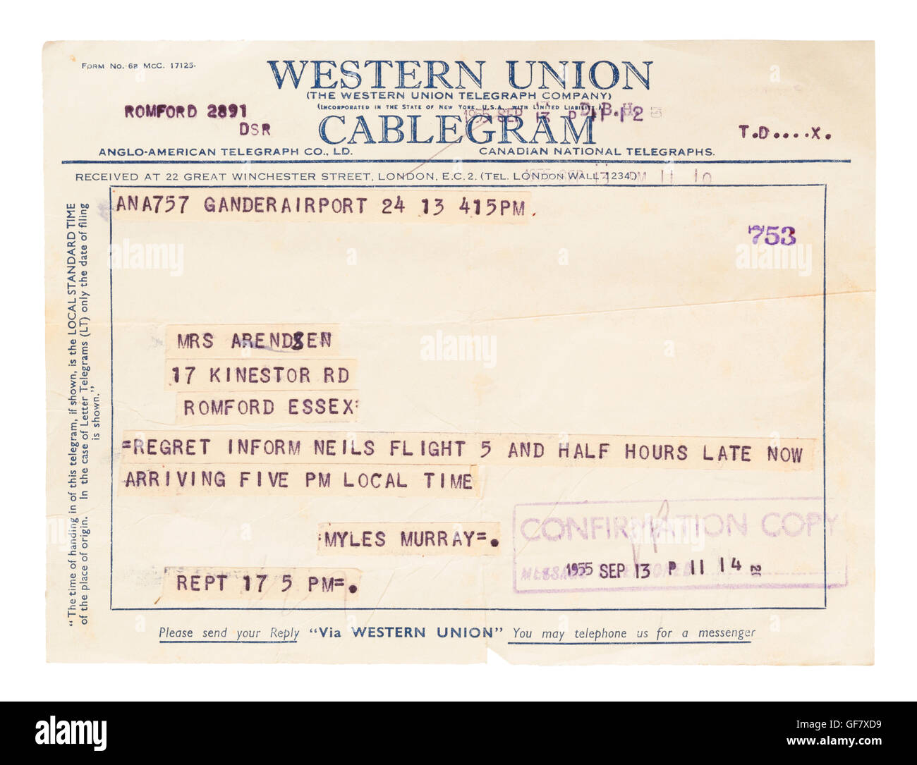 Western Union Cablegram, Settembre 1955 Foto Stock