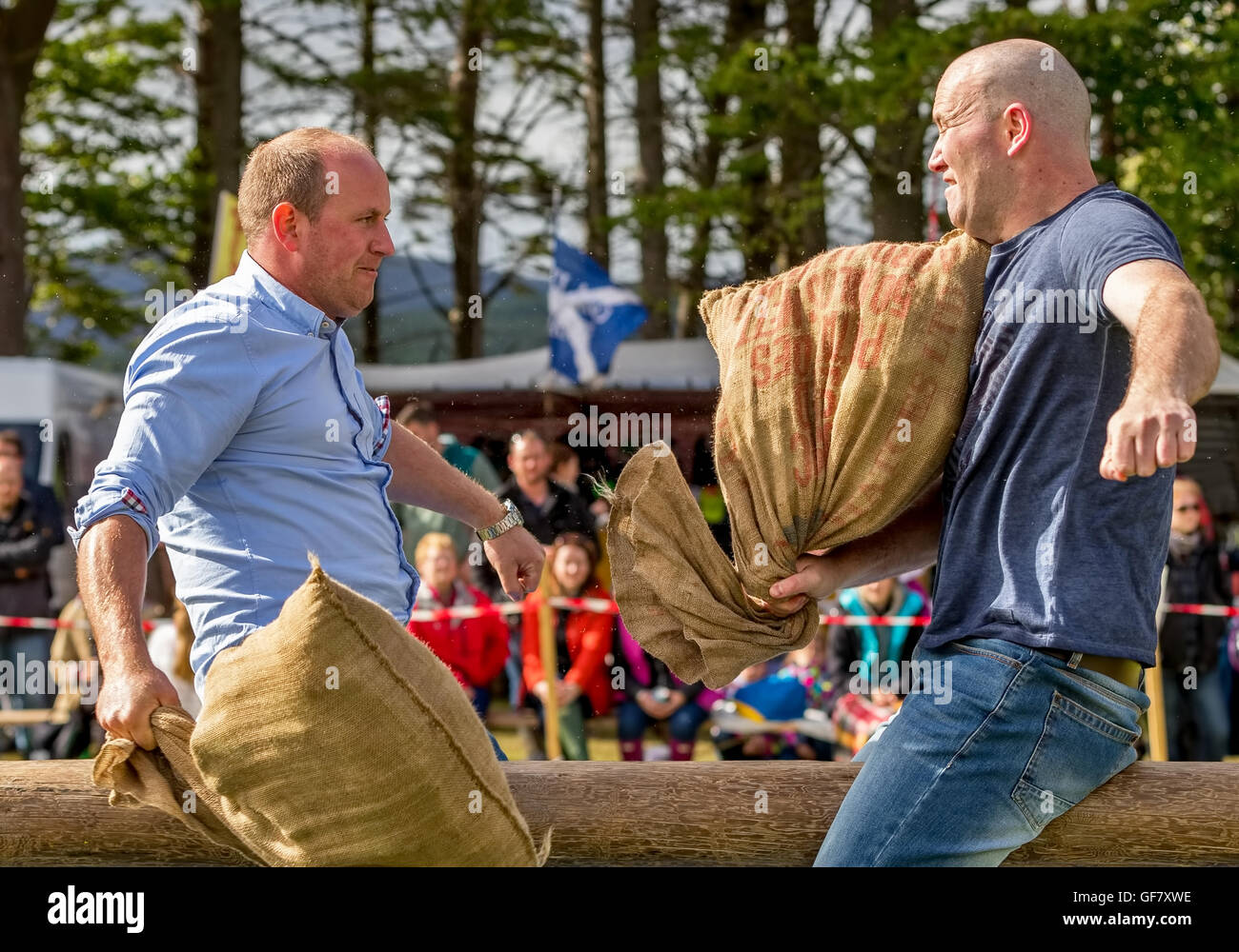 Tomintoul, murene, Scozia, 16 luglio 2016. Questo è il cuscino lotta contest a Tomintoul Giochi delle Highland, murene, Scozia. Foto Stock