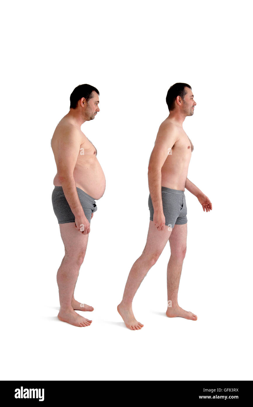 La dieta perdita di peso prima e dopo il concetto di confronto uomo isolato su bianco Foto Stock