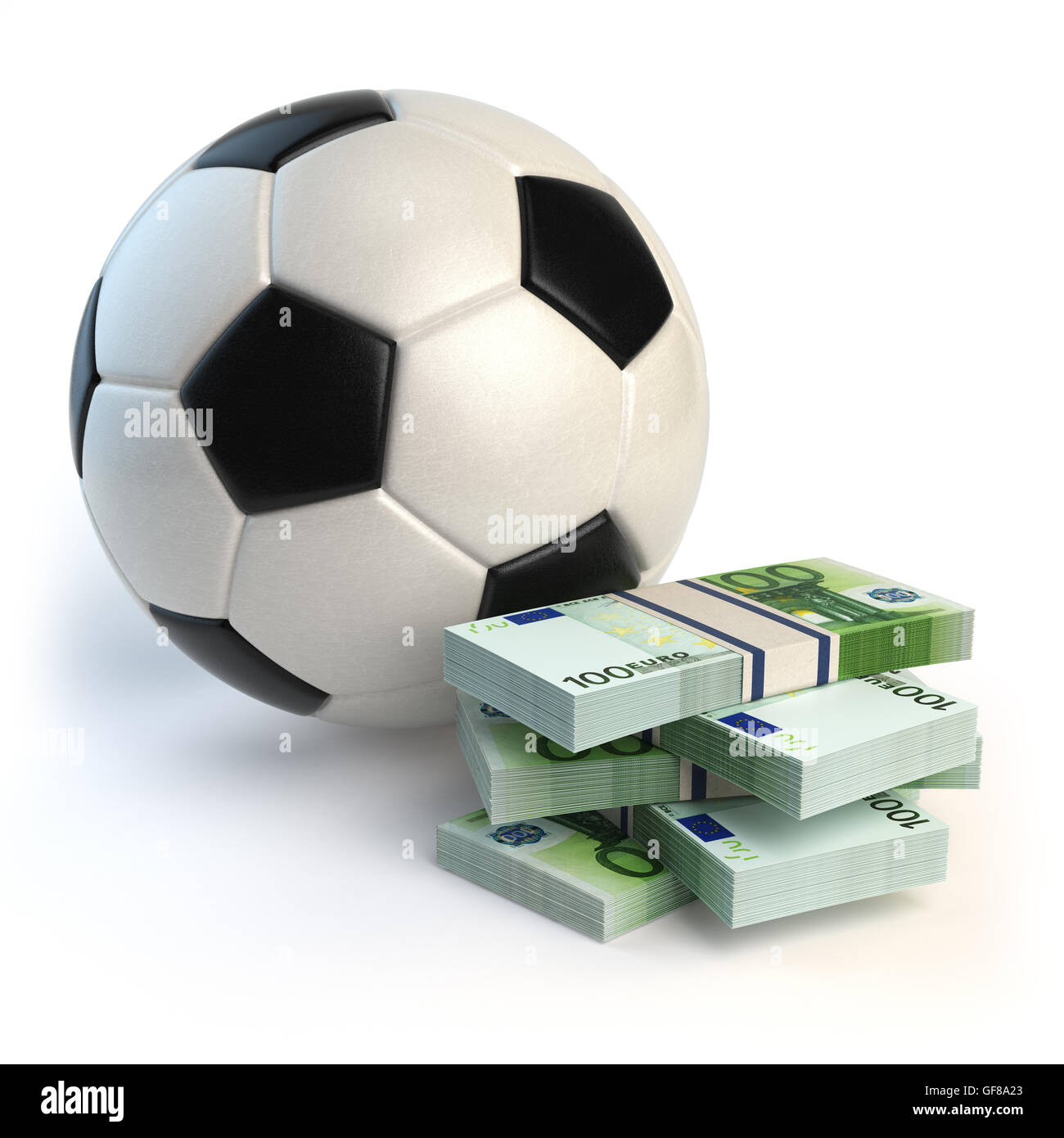 Il calcio o il calcio palla e pacchi di euro isolato su bianco. Scommesse sportive concetto. 3d illustrazione Foto Stock