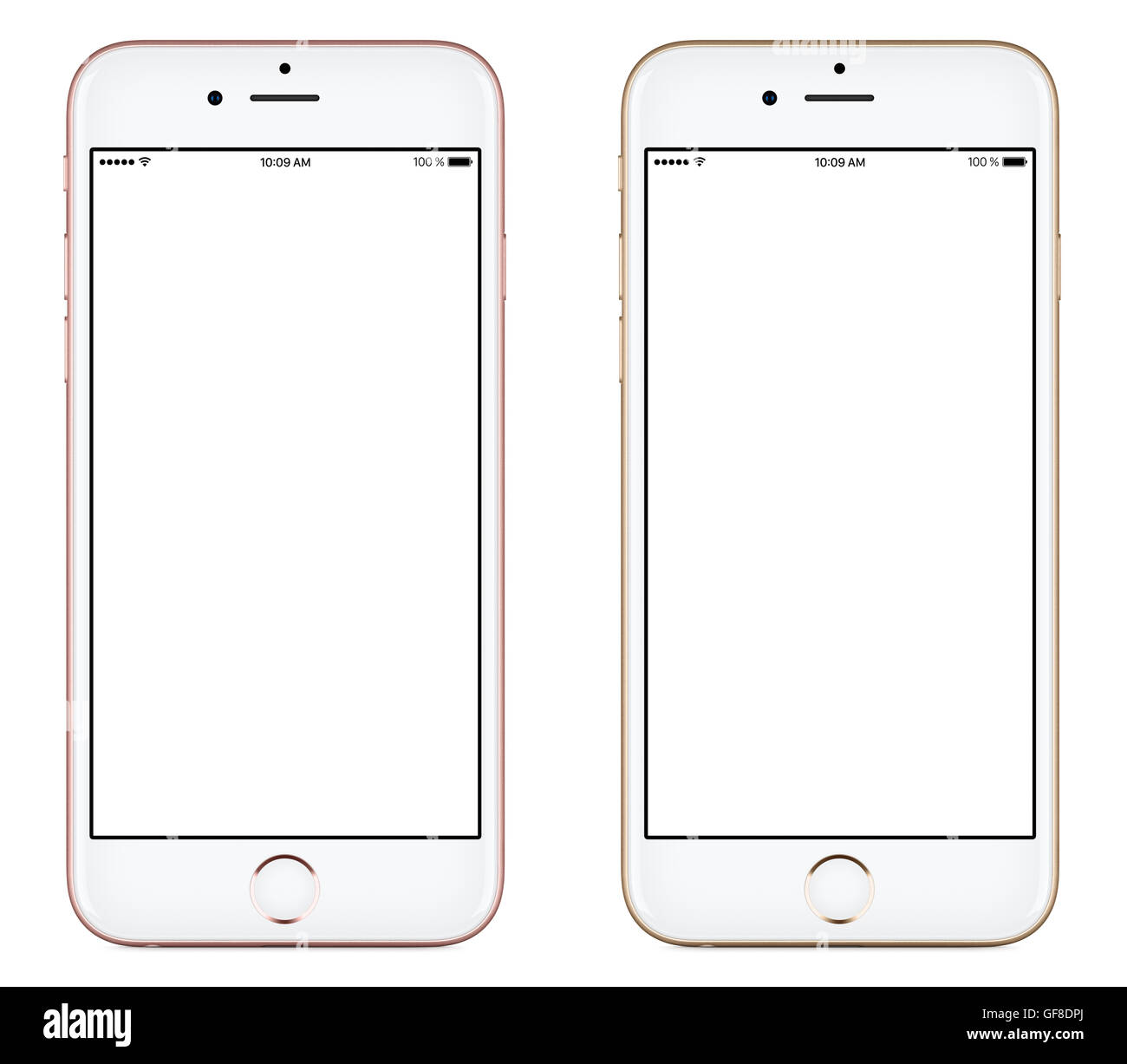 Direttamente vista frontale di un moderno rosa e oro mobile smart phone mockup con schermo vuoto isolato su sfondo bianco. Foto Stock Direttamente vista frontale di un moderno rosa e oro mobile smart phone mockup con schermo vuoto isolato su sfondo bianco. Foto Stock