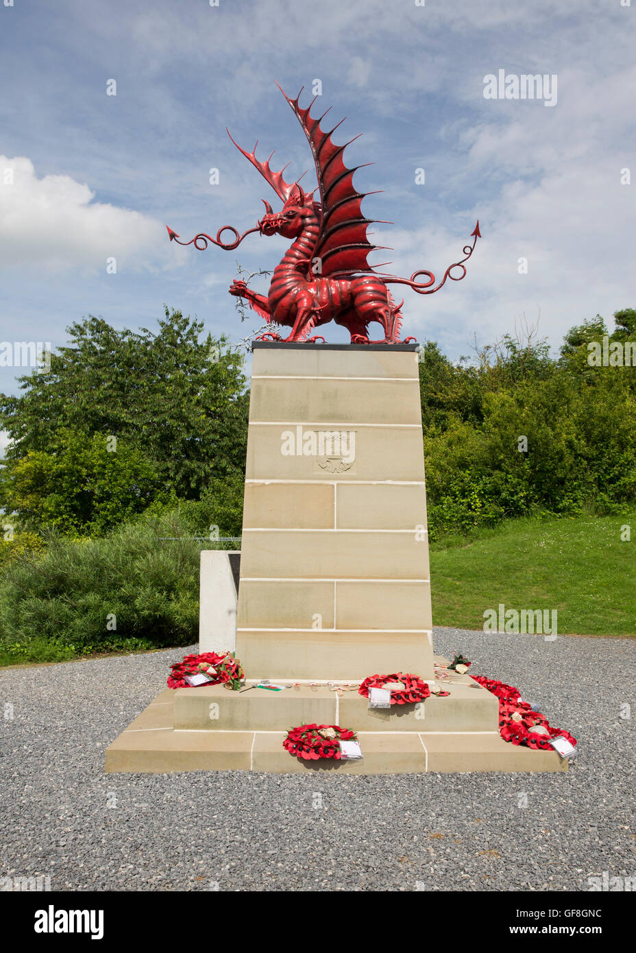 Memoriale per la trentottesima (gallese) presso la divisione legno Mametz sul campo di battaglia della Somme Foto Stock