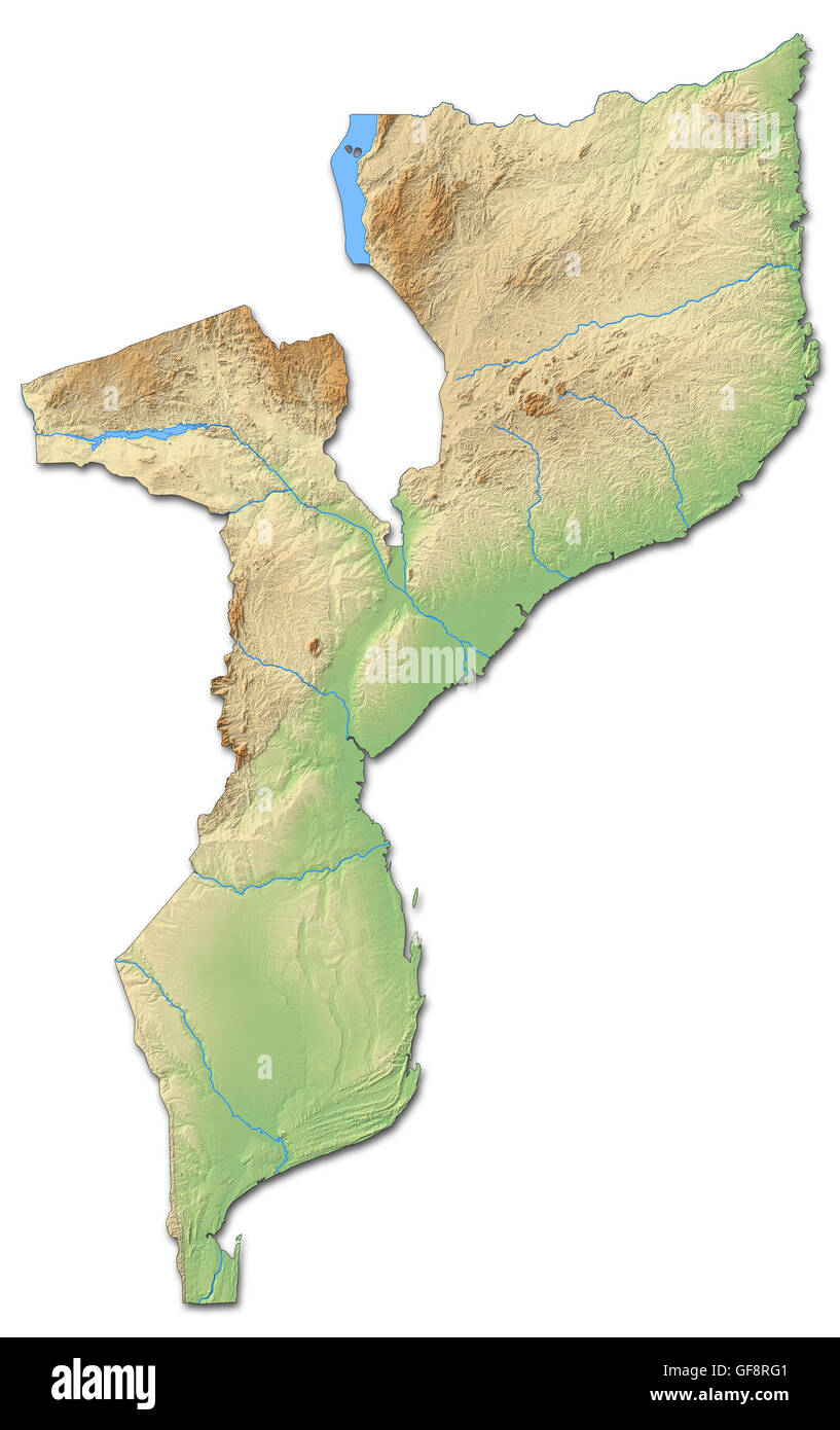 Mappa di rilievo del Mozambico con rilievo ombreggiato. Foto Stock