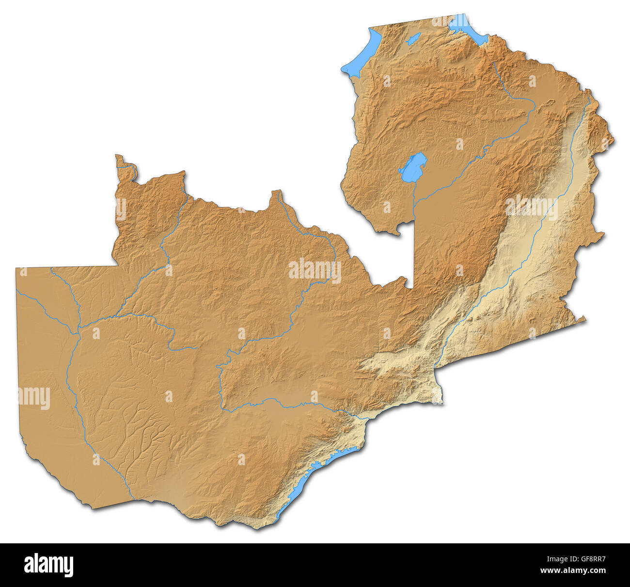 Mappa di sfiato dello Zambia con rilievo ombreggiato. Foto Stock