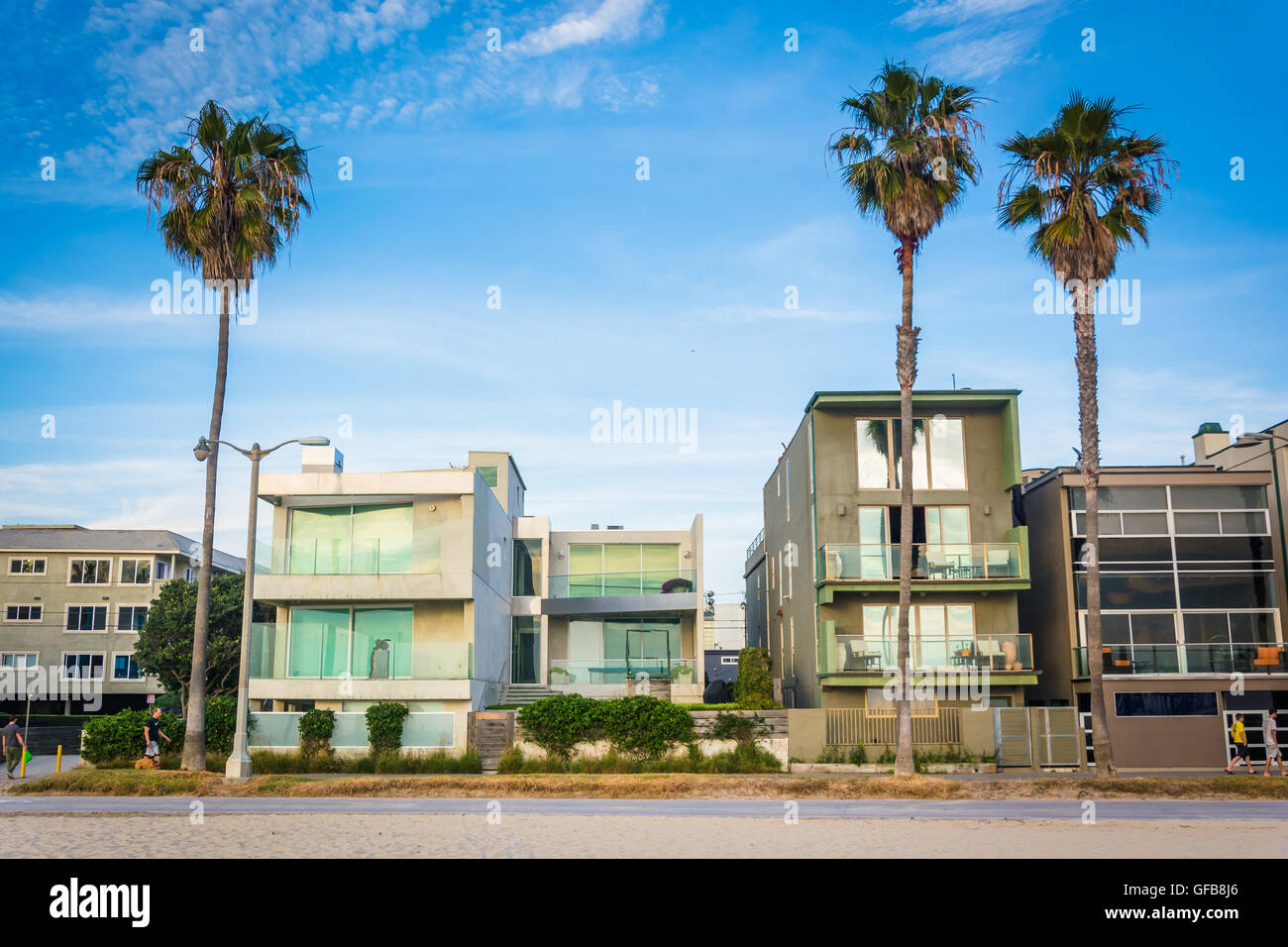Palme e case lungo la spiaggia di Venice Beach, Los Angeles, California. Foto Stock