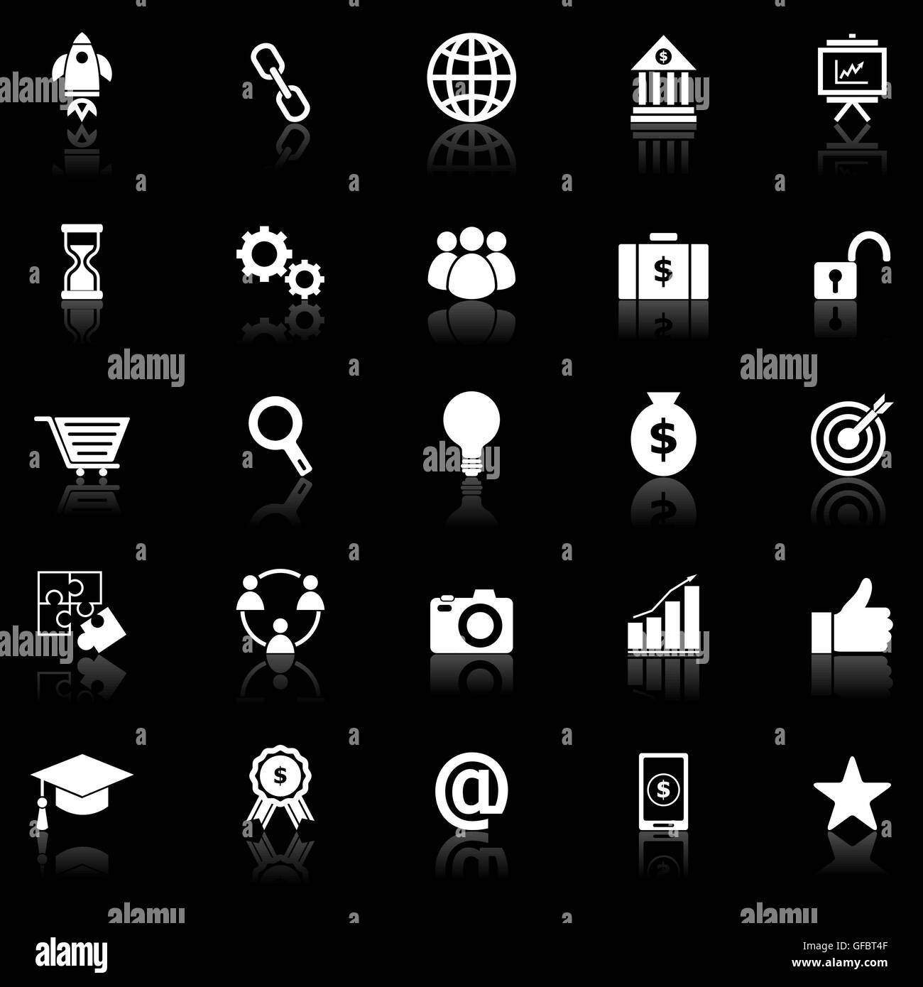 Avvia le icone con il riflettere su sfondo nero, vettore di stock Illustrazione Vettoriale