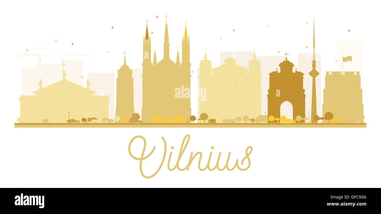 Vilnius City skyline golden silhouette. Illustrazione Vettoriale. Piatto semplice concetto per il turismo presentazione, banner, cartellone Illustrazione Vettoriale