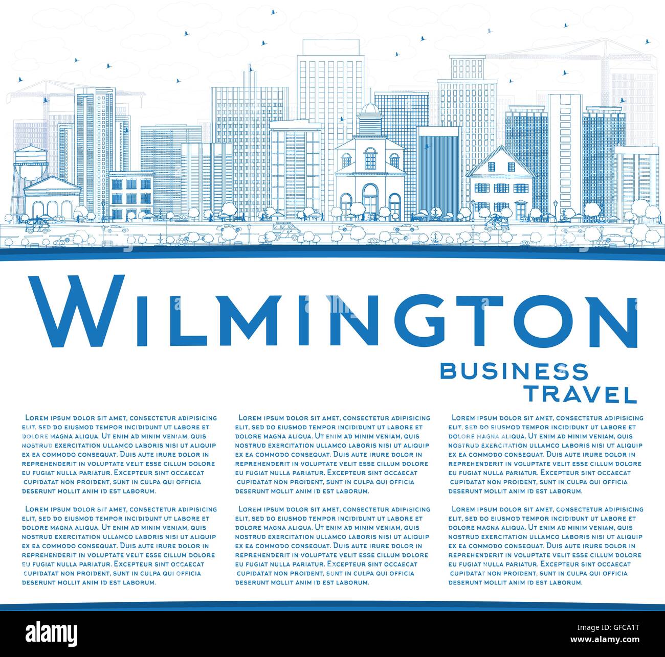 Delineare Wilmington Skyline con edifici blu e copia di spazio. Illustrazione Vettoriale. Viaggi di affari e turismo Concept Illustrazione Vettoriale