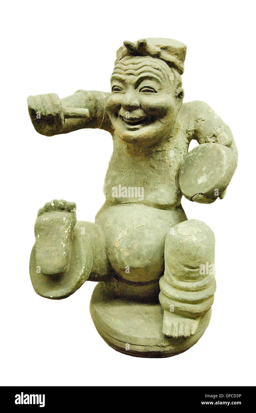 Wu Hou Santuario, Chengdu, in Cina. Museo dei Tre Regni di cultura. Statuetta di ceramica dancing per la gioia. Dinastia Han Foto Stock