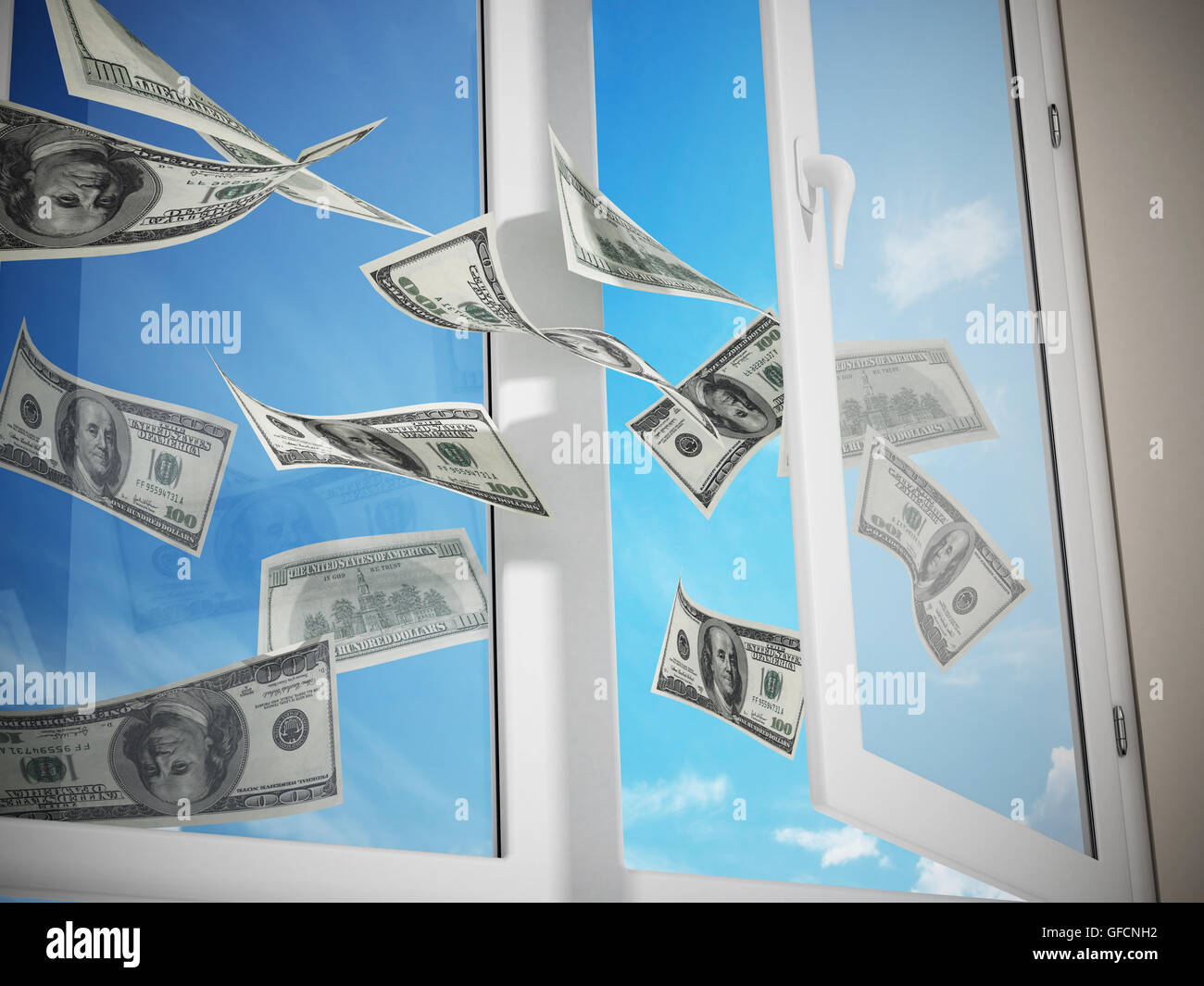 Di dollari battenti fuori della finestra. 3D'illustrazione. Foto Stock